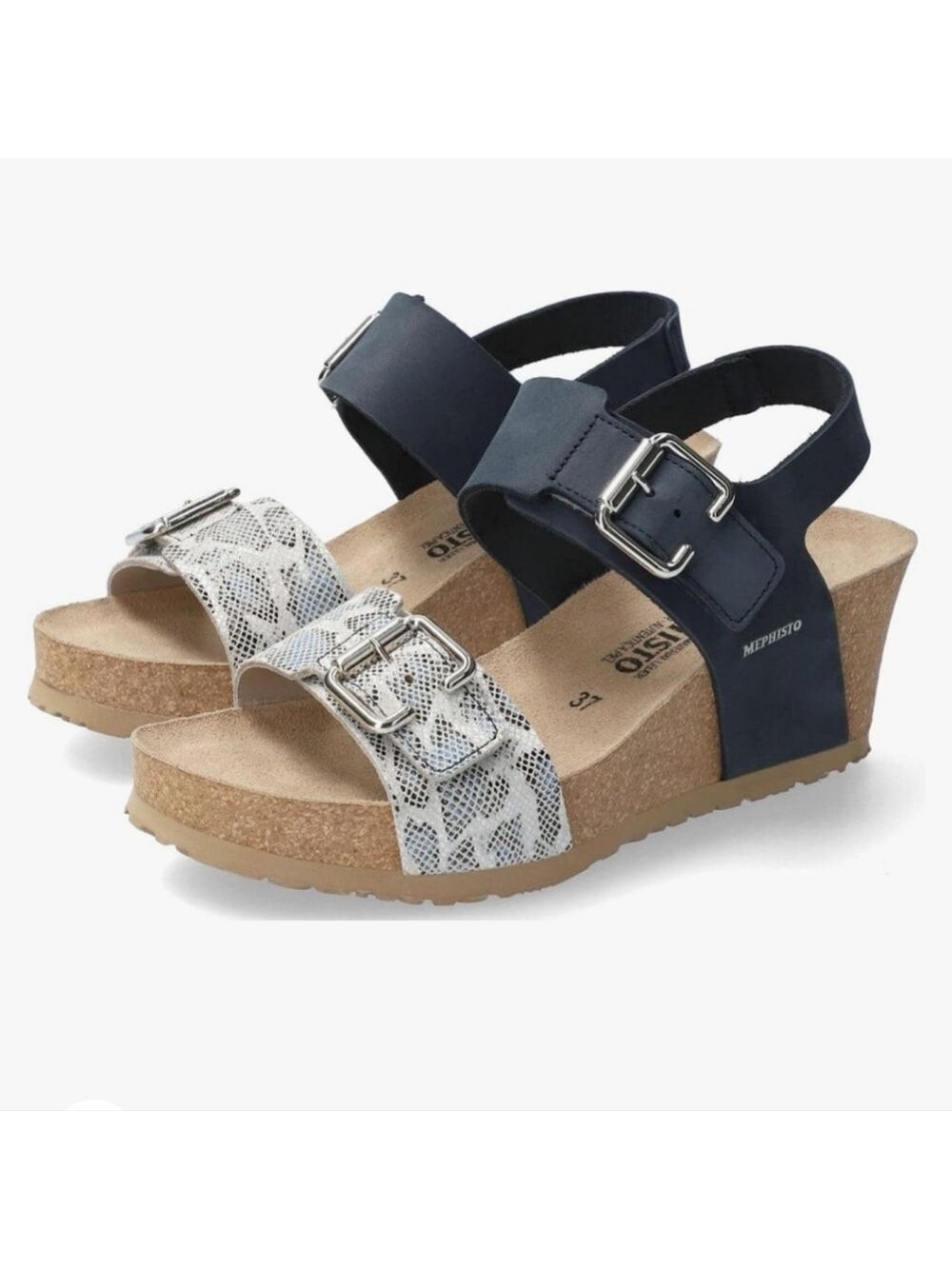 Mephisto Women's Lissandra CORK HEEL COMFORTABLE Sandal Navy 39 new